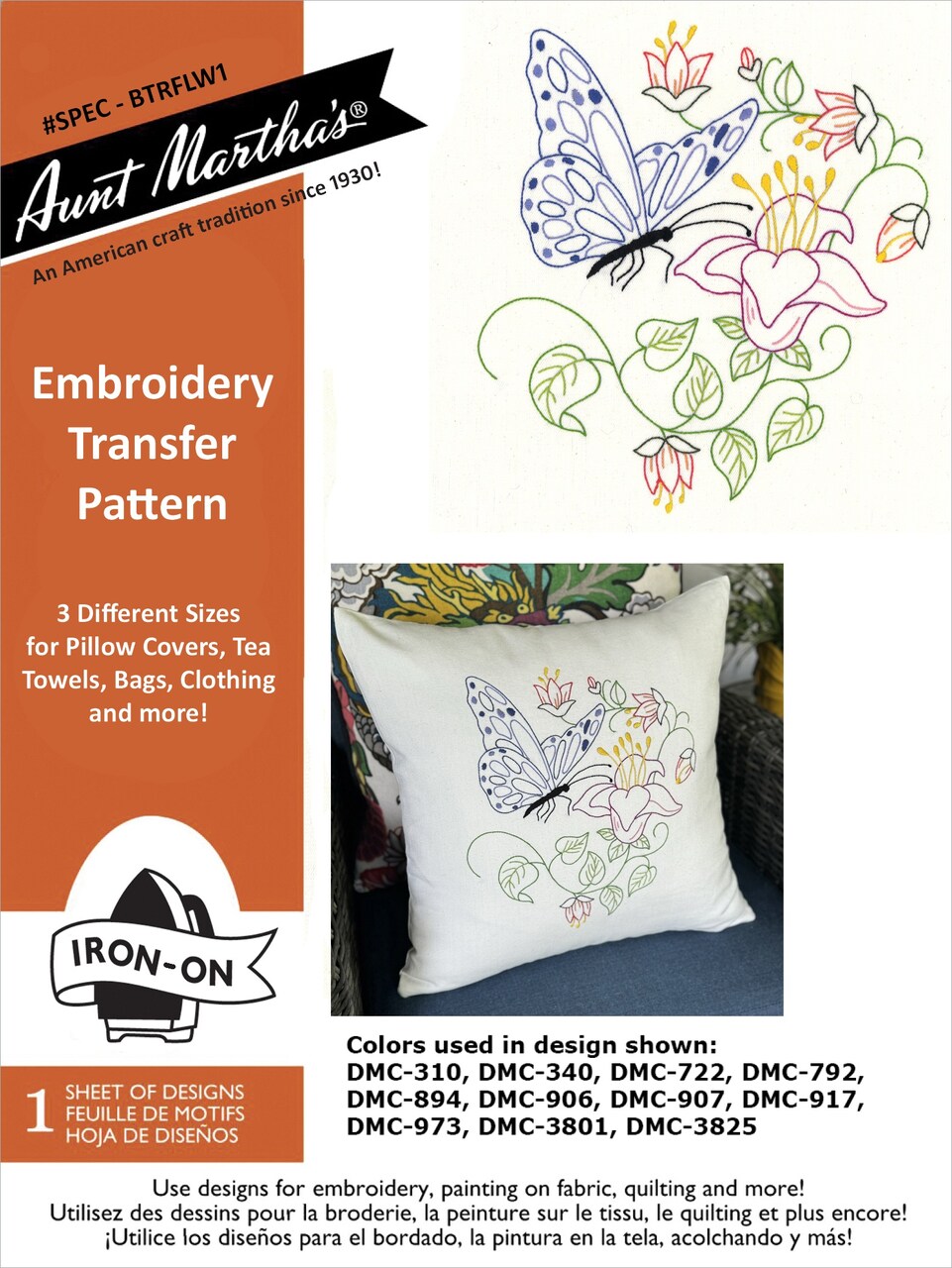 Hand Embroidery Iron-On Transfer Pattern - 3 Sizes-Butterflies & Flowers
